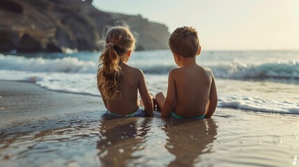 Wall Mural - Siblings playing on beach sitting in wet sand Rear view of girl and boy in swimsuits on sandy beach of Canary islands Concept of family beach summer vacation with kids : Generative AI