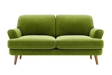 Sticker - Modern olive green sofa front view with soft fabric upholstery and elegant silhouette isolated on transparent background 