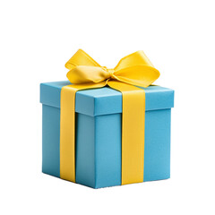 Pastel blue gift box with a yellow ribbon tied into a neat bow isolated on a transparent background 