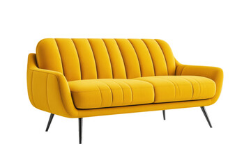 Sticker - Sleek mustard yellow modern sofa front view with plush cushions and minimalist metal legs isolated on transparent background 