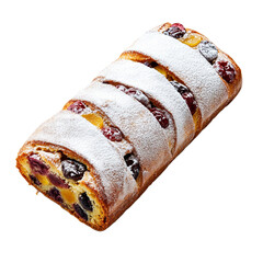 Top view of a neatly wrapped fruit stollen slice dusted with powdered sugar isolated on transparent background 