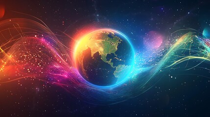 A glowing Earth surrounded by colorful light waves, representing a digital future, in a cosmic background.