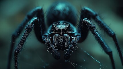 A close-up of a black widow spider spinning its web in dark