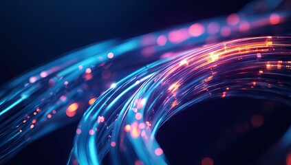 Detailed Fiber-Optic Cable with Vibrant Colors and Lights in an Ultra-Realistic Digital Art Style, Set Against a Dark Blue Background. AI generated illustration