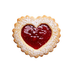 Poster - Top view of an Austrian linzer cookie with a heart shaped jam center and powdered sugar dusting isolated on transparent background 