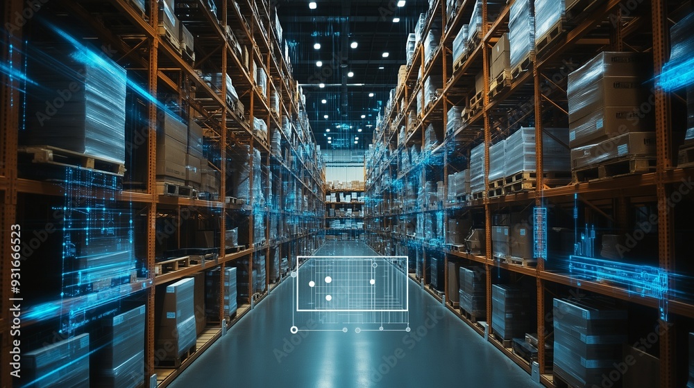 An isometric illustration of a smart warehouse management system with a ...