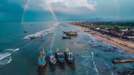 Wall Mural - Drone view of fishing boats are nailing side by side beach with rainbows on the sky