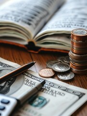 Aufkleber - A stack of cash and coins accompany an open notebook filled with notes and calculations, laid out on a wooden table in a home office. Generative AI