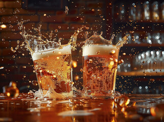 Delicious foamy beer in two clear glasses on the bar counter of the pub