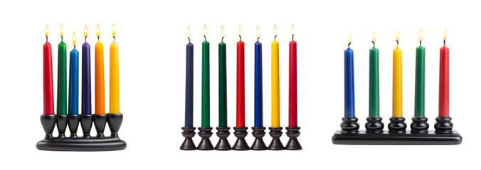 Poster - Set of colorful Kwanzaa candles on black candleholders isolated on transparent background, symbolizing African-American heritage and culture