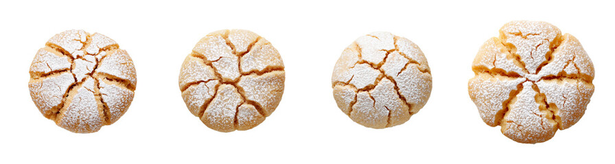 Sticker - A collection of four powdered sugar-dusted cookies with cracked tops, isolated on a transparent background, perfect for holiday baking concepts