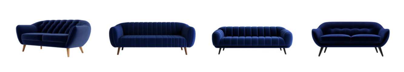 Sticker - Collection of isolated modern blue velvet sofas on a transparent background, perfect for interior design concepts and furniture catalogues