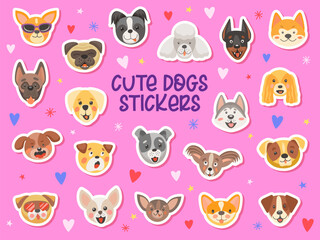 Wall Mural - Cute dog and puppy pet stickers vector set. Cartoon canine breeds with animated face expressions and pet accessories. Husky, corgi, pug, chihuahua, Doberman, playful and animal cutout patches