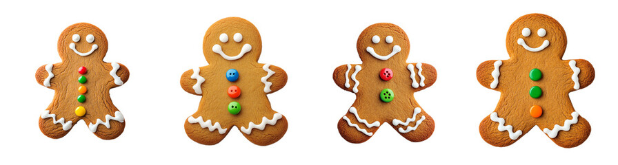 Sticker - Set of four festive gingerbread cookies decorated with icing, isolated on a transparent background, ideal for Christmas themes