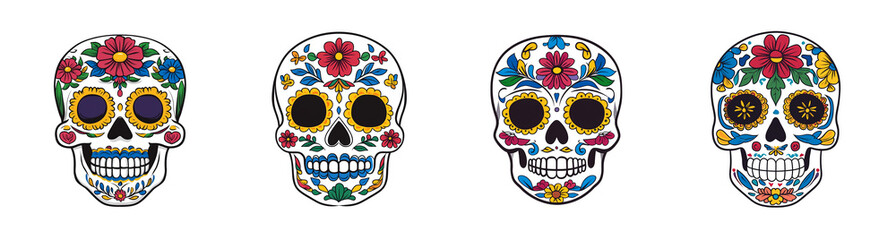 Canvas Print - A colorful set of four intricately decorated sugar skulls isolated on a transparent background, perfect for Dia de los Muertos themes