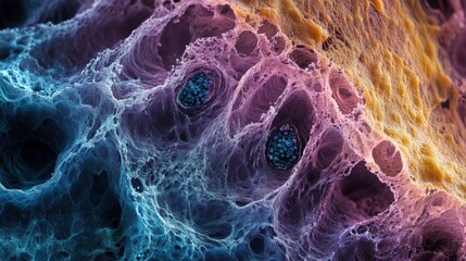 Poster - A close-up view reveals the complex architecture of cells featuring vibrant colors and intricate textures, showcasing the beauty of microscopic life