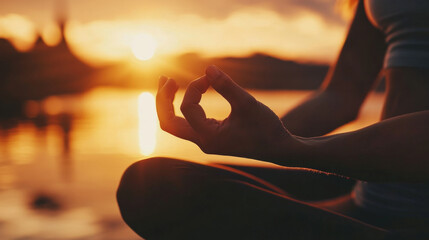  Close-up of a person practicing yoga on the beach during sunrise by the water