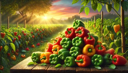 Wall Mural - A bountiful harvest of ripe bell peppers stacked in a pile, glistening with dewdrops