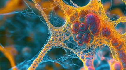Poster - Intricate cellular structures illuminated with vibrant colors show complex networks of connections and cellular activity under microscopic observation