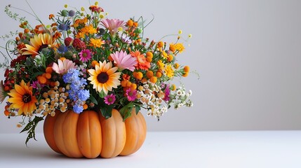 Poster - Autumn bouquet of bright flowers in a pumpkin handmade vase Cozy home atmosphere fall decor White background : Generative AI