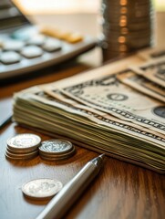 Aufkleber - A stack of cash, coins, and an open notebook filled with financial calculations and notes sit on a wooden table during a planning session. Generative AI