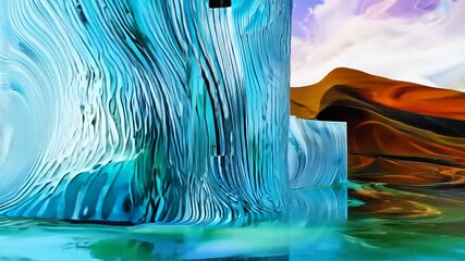 Poster - Abstract Blue Wave Sculpture Reflecting in Calm Water at Sunset Generative AI