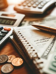 Aufkleber - A stack of cash, coins, and an open notebook filled with calculations sits next to a calculator during a focused budgeting session. Generative AI
