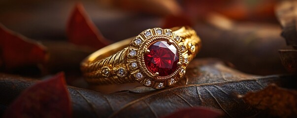 Gold ring with ruby and diamonds lying on autumn leaves