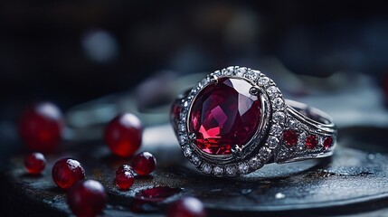 Silver ring with large ruby and small diamonds surrounded by rubies on dark background