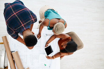 Wall Mural - Blueprint, architecture and business people at desk with paperwork, tablet and creative collaboration. Floor plan, teamwork and designer in office with notes, ideas or project management from above