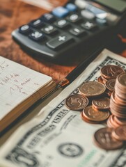 Aufkleber - A notebook covered in notes and calculations is placed next to a stack of cash and coins on a wooden desk, with a calculator nearby. Generative AI