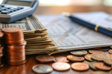 Aufkleber - A stack of cash alongside coins and an open notebook filled with notes and calculations suggests active financial planning and budgeting. Generative AI