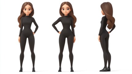 Wall Mural - Charming 3D brunette character in stylish black leggings Set against a white background