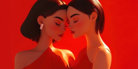 A vibrant 3D cartoon close up of two women in matching red dresses sharing a warm embrace