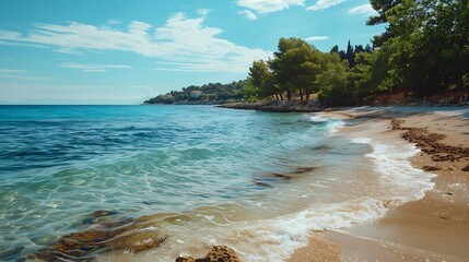 Wall Mural - Nature landscape view of beautiful tropical beach and sea in sunny day Beach sea space areabeautiful sandy beach in the city of Umag Croatia : Generative AI