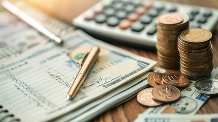 Aufkleber - A stack of cash and coins sits beside an open notebook filled with calculations, alongside a calculator in a warm, inviting workspace. Generative AI