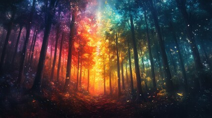 A vibrant forest with colorful light beams illuminating the path, creating a magical and serene atmosphere.