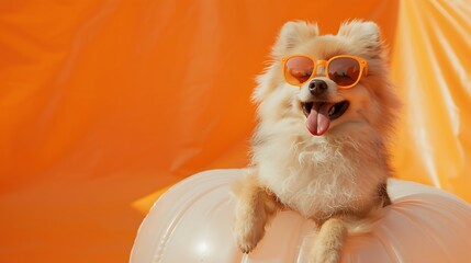 Wall Mural - Funny little fluffy dog in sunglasses on sitting on an inflatable ball a domestic dog of the spitz breed sticks out its tongue on a orange background in a funny way