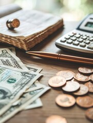Aufkleber - A stack of cash and coins rests beside an open notebook filled with financial notes, all arranged on a wooden table in a well-lit room. Generative AI