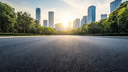 Empty asphalt road with modern skyscrapers in the background, sunlight illuminating a city street scene in an urban center during daylight. AI generated illustration