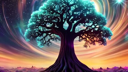 Poster - Ethereal Tree Illuminated by Cosmic Swirls at Twilight Generative AI