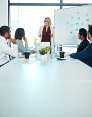 Poster - Office, business people and ceo with discussion for presentation, feedback and performance update. Mockup space, speaker and employees in corporate training for listening, learning and project review