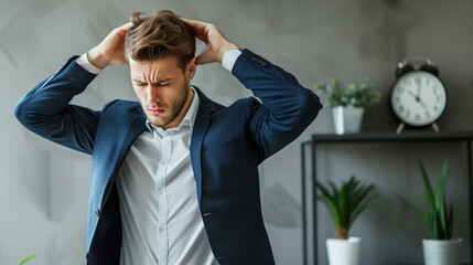 fatal business mistake, young frustrated upset Caucasian businessman in classic suit holds his head in his hands in the office, headache, migraine, business failure,