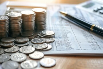 Aufkleber - A stack of cash and coins sit beside an open notebook filled with budgeting notes and calculations on a sunlit wooden surface. Generative AI