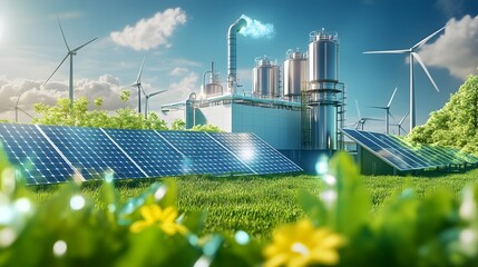 Poster - sustainable hydrogen production plant harnessing renewable energy sources like solar panels and wind
