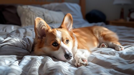 Wall Mural - half year old welsh corgi puppy relax on bed