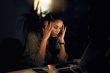Aufkleber - Woman, journalist and headache in burnout at computer, office and night for deadline, research or publication. Female person, tech and creative with tension, strain or stress as editor in news agency