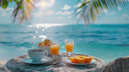 Wall Mural - Luxury breakfast table beautiful tropical sea sky background Idyllic romantic morning love couples time at summer holiday Honeymoon romance vacation concept Travel and lifestyle destin : Generative AI