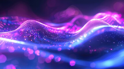 Wall Mural - Abstract futuristic background with purple and blue glowing neon moving high speed wave lines and bokeh lights. Visualization of sound waves. Data transfer. Fantastic wallpaper gen by AI