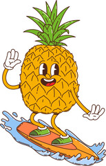 Wall Mural - Cartoon groovy pineapple fruit character surfing on sea waves with cheerful expression and giving a friendly wave. Vector fun and whimsical personage captures the spirit of tropical adventure and fun